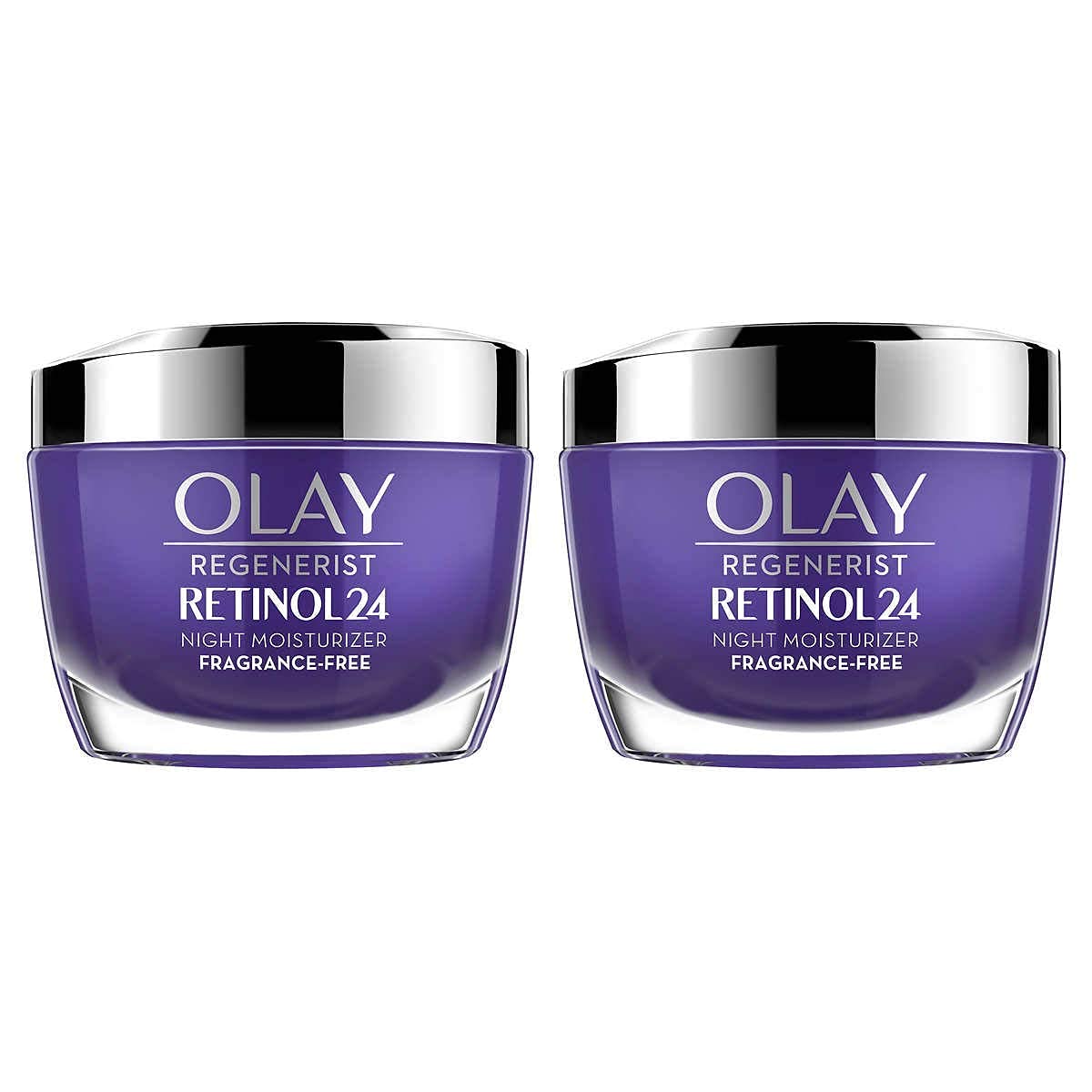 Two purple Olay Regenerist Retinol 24 night moisturizer jars on a white background
