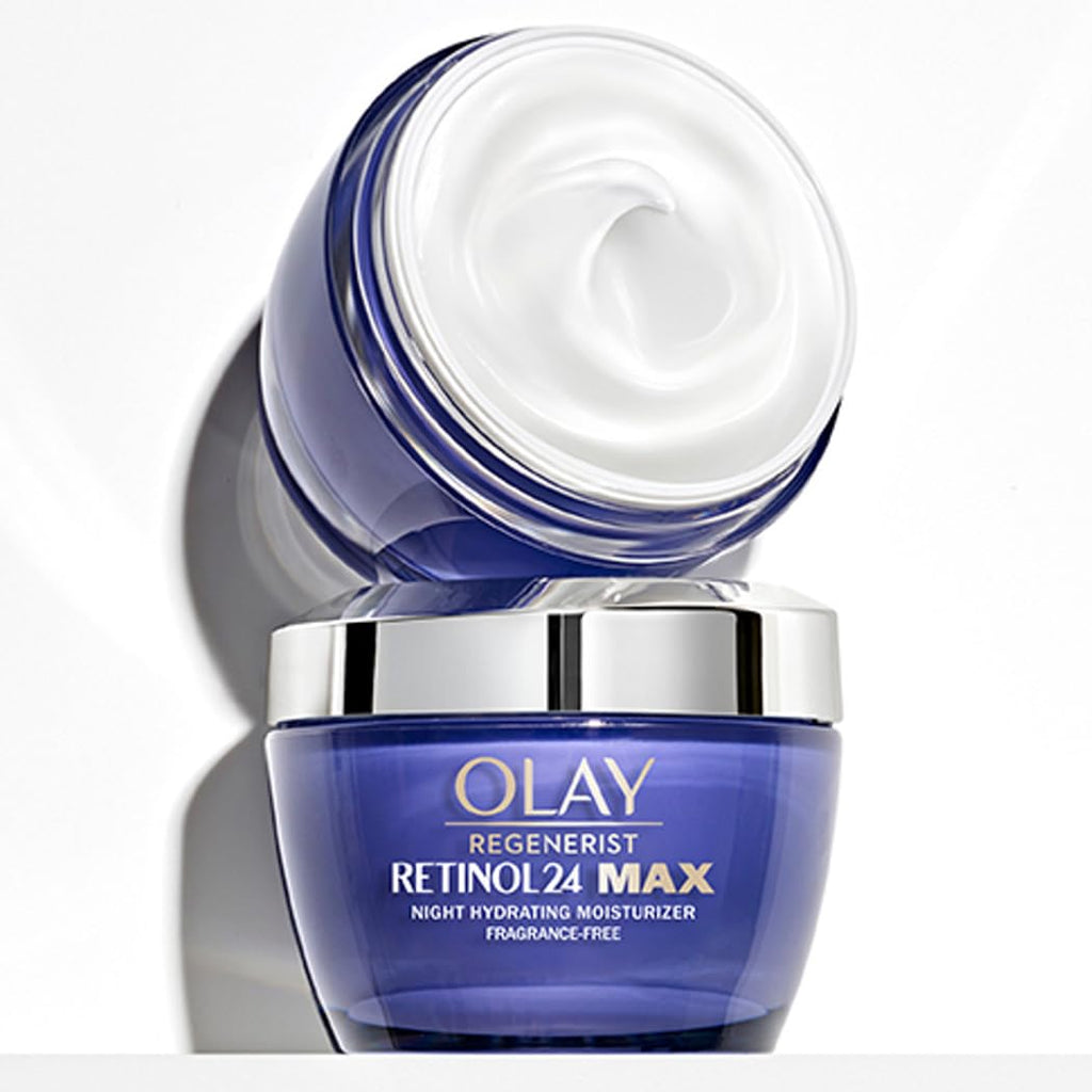 Olay Regenerist Retinol24 Max night moisturizer jar with open lid on a white background
