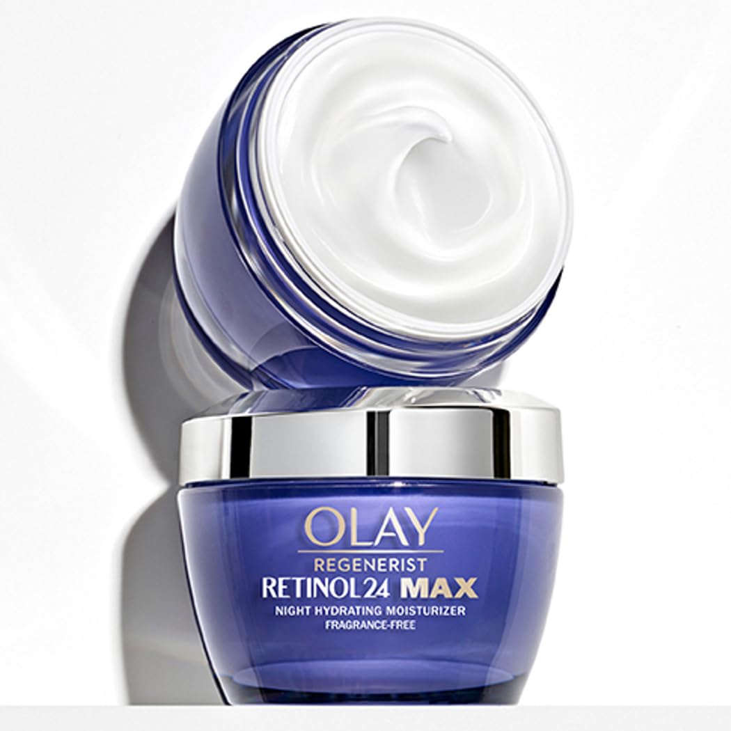 Olay Regenerist Retinol24 Max night moisturizer jar with open lid on a white background