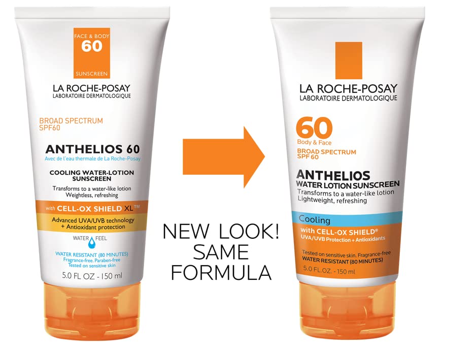 Two La Roche-Posay Anthelios sunscreen products with an orange arrow and text indicating a new look.