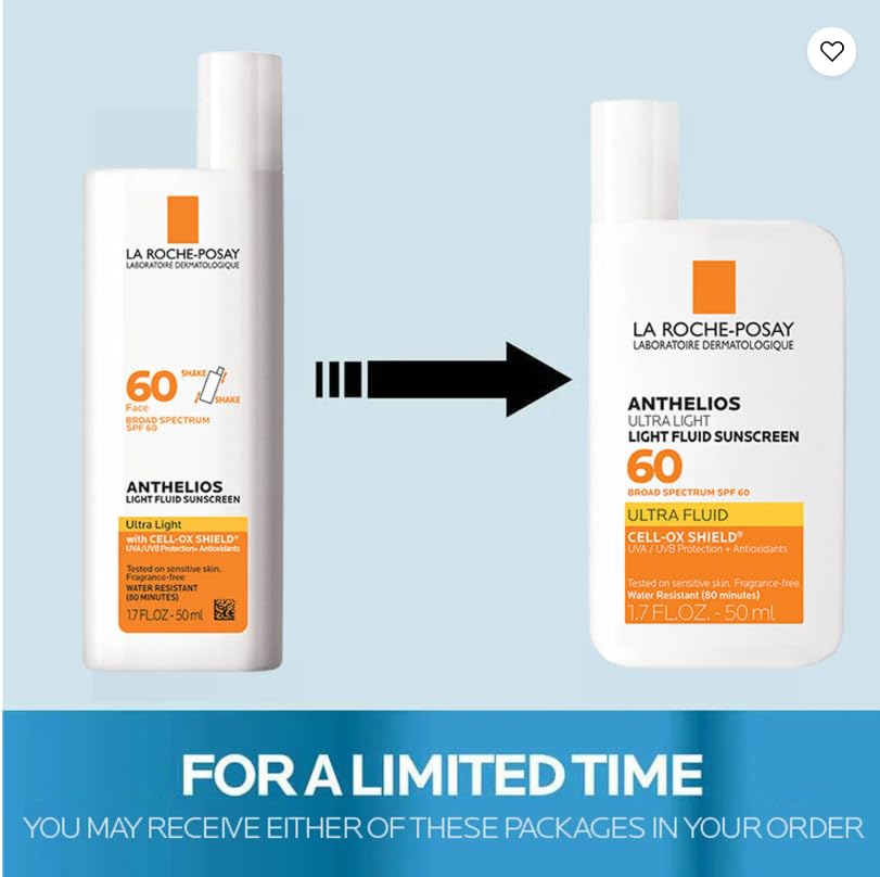 Two white La Roche-Posay Anthelios Ultra Light Fluid Sunscreen 60 SPF 50+ bottles shown side by side on a pale blue background, with a large black arrow between them and promotional text at the bottom reading 'FOR A LIMITED TIME YOU MAY RECEIVE EITHER OF THESE PACKAGES IN YOUR ORDER'.