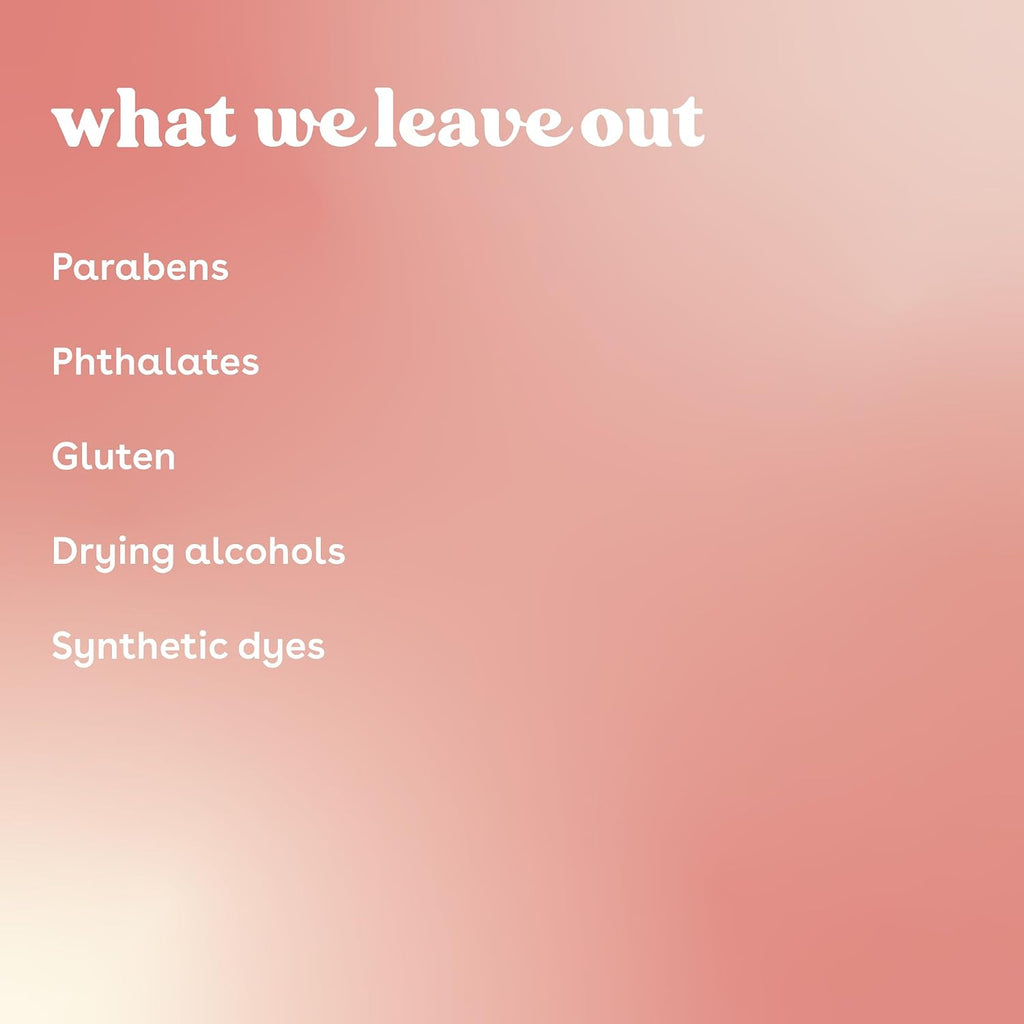 A pink gradient square graphic with the text 'what we leave out' in white at the top and a list of excluded ingredients: Parabens, Phthalates, Gluten, Drying alcohols, Synthetic dyes.'.
