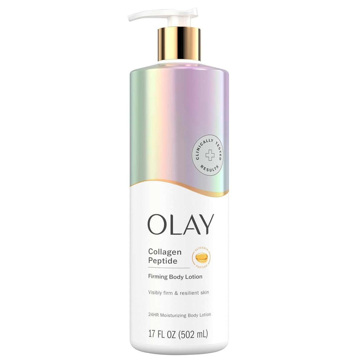 Olay Collagen Peptide body lotion bottle on a white background