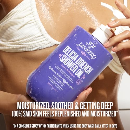 Person holding a purple bottle of 'Delicia Drench Shower Oil' by Sol Janefro with text about product benefits.