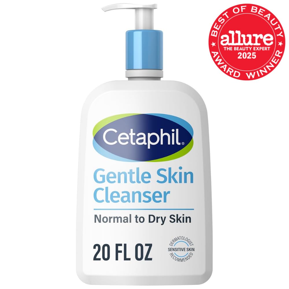 Cetaphil Gentle Skin Cleanser bottle with pump on a white background, featuring Allure Best of Beauty Award 2025 badge.