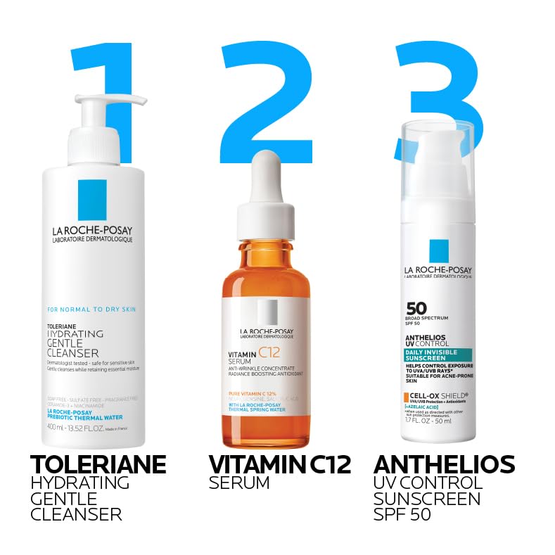 Three La Roche-Posay skincare products with labels on a white background