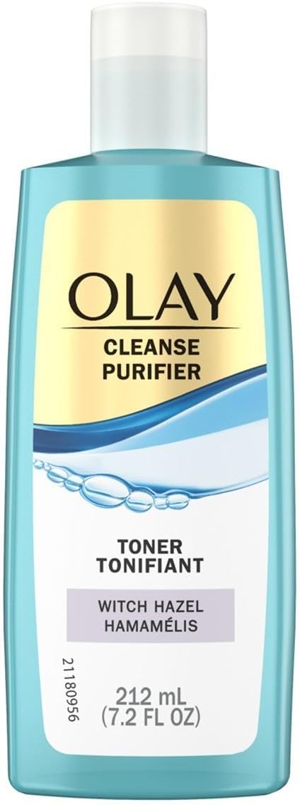 A 212 mL bottle of Olay Cleanse Purifier Toner in 'Witch Hazel Hammélis' variant, featuring a light blue translucent bottle, a white cap, and a label with a gold top section and blue wave graphics.