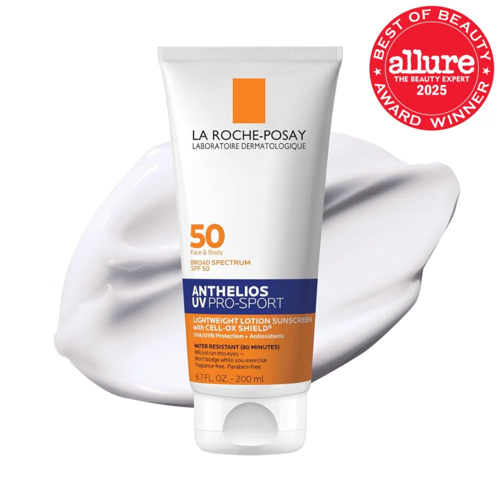 La Roche-Posay sunscreen tube with 'Allure' award badge on a white background