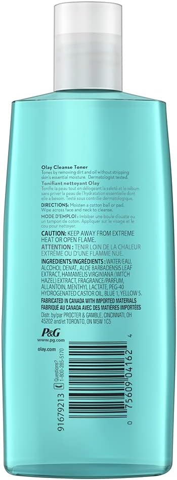 Back label of a blue bottle with text and P&G logo