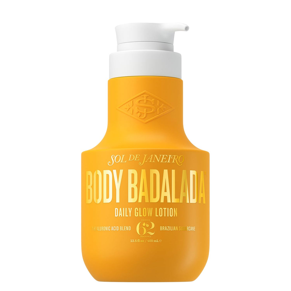 A bottle of Sol de Janeiro Body Badalada Daily Glow Lotion in a vibrant yellow-orange color with a white pump dispenser, set against a plain white background.