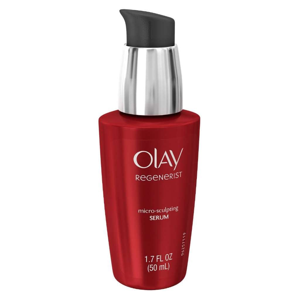 Red Olay Regenerist serum bottle with black and silver cap on a white background