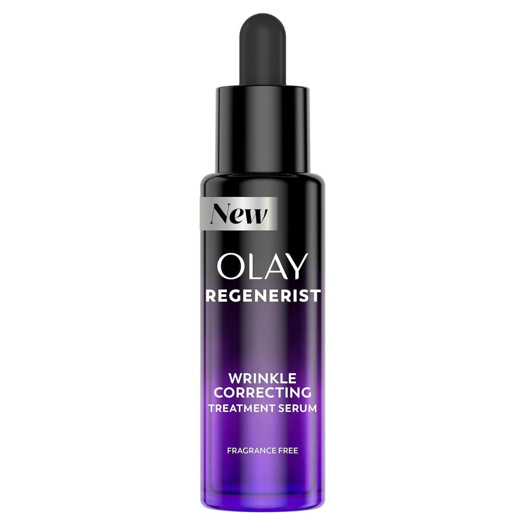 Olay Regenerist Wrinkle Correcting Treatment Serum in a black dropper bottle with a purple gradient base, on a white background.