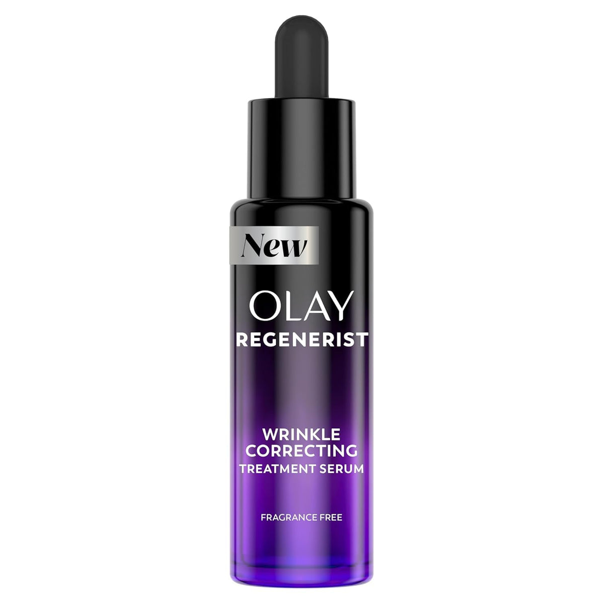 Olay Regenerist Wrinkle Correcting Treatment Serum in a black dropper bottle with a purple gradient base, on a white background.