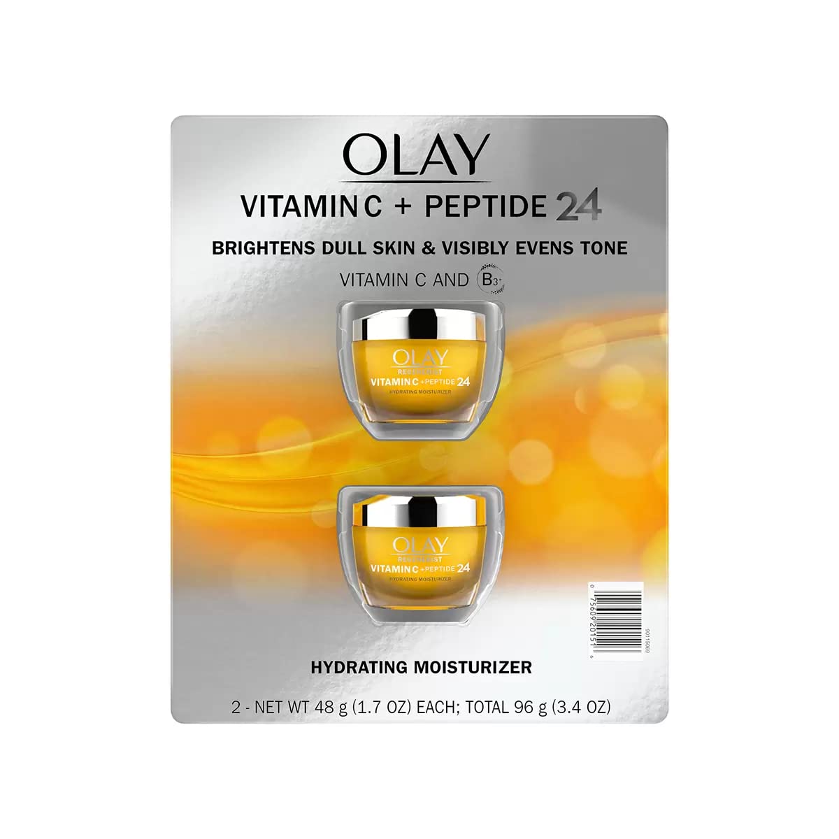 Olay Vitamin C + Peptide 24 moisturizer packaging with two jars on a white background