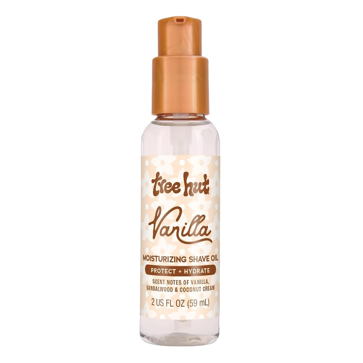 Tree Hut Vanilla Moisturizing Shave Oil in a 2 fl oz clear bottle with a metallic copper pump dispenser and a white label with gold polka dots.
