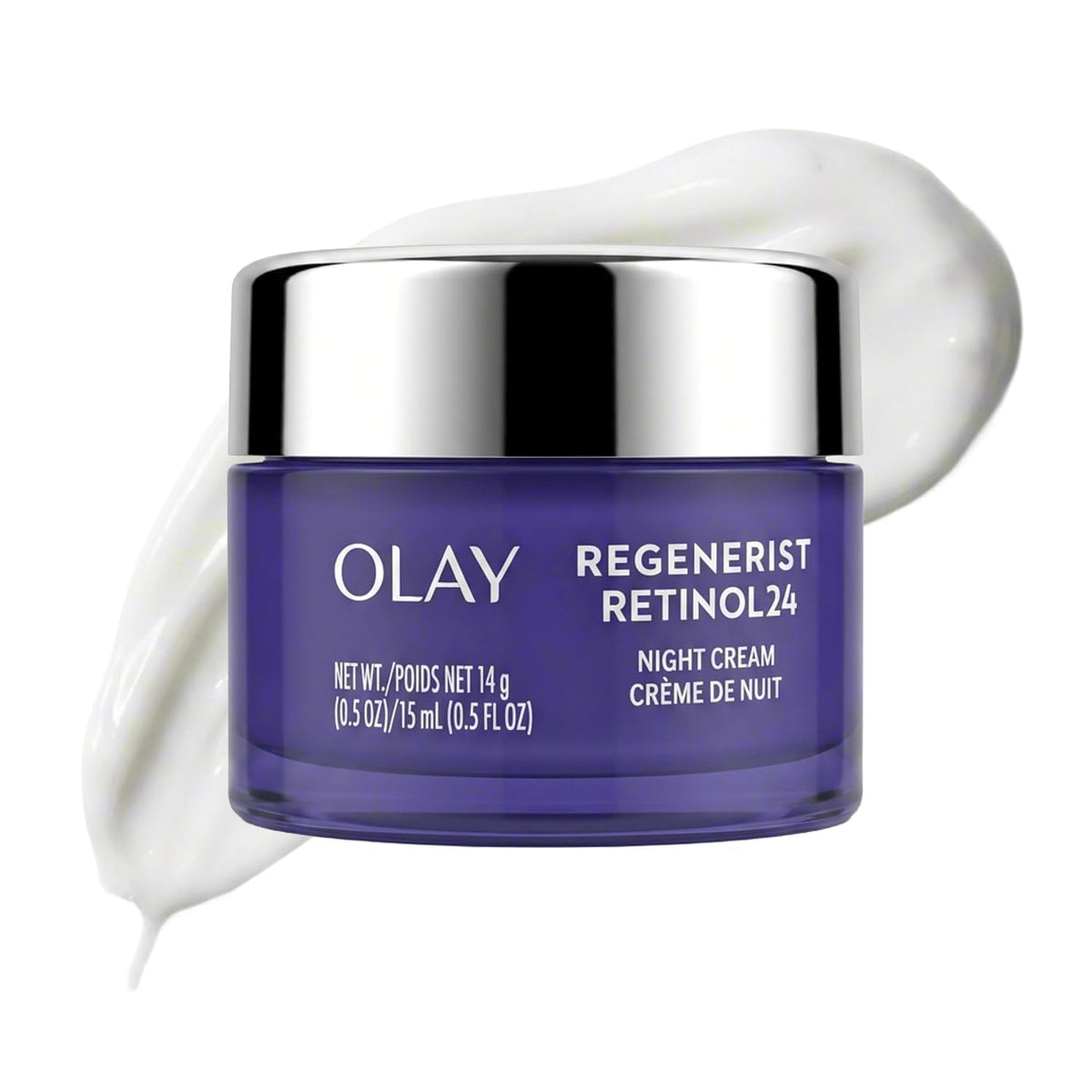 Olay Regenerist Retinol 24 Night Cream in a dark purple jar with a reflective silver lid, shown with a swirl of white cream on a white background.