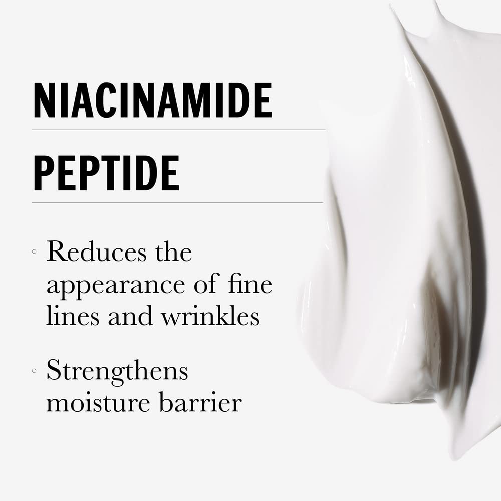 Text about niacinamide peptide with a blurred skincare product in the background