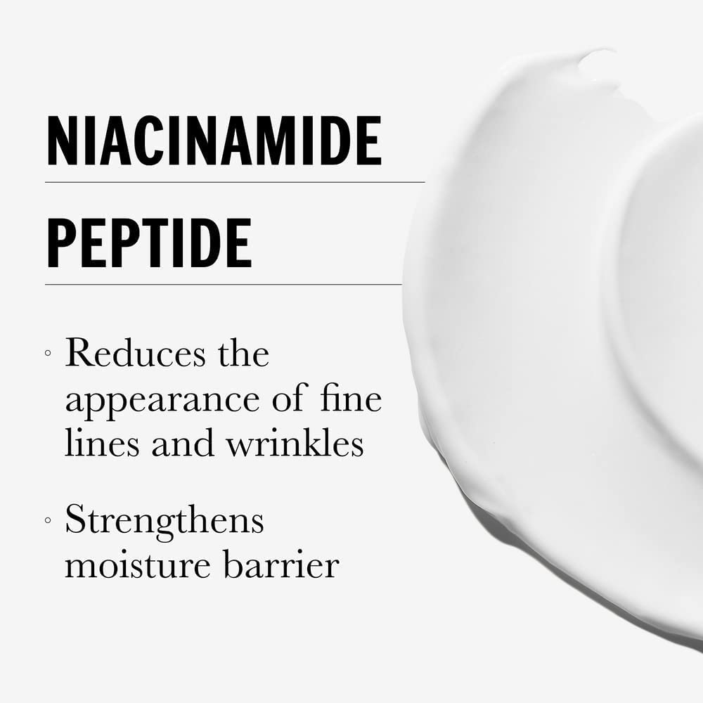 Cosmetic product with niacinamide peptide text on a white background