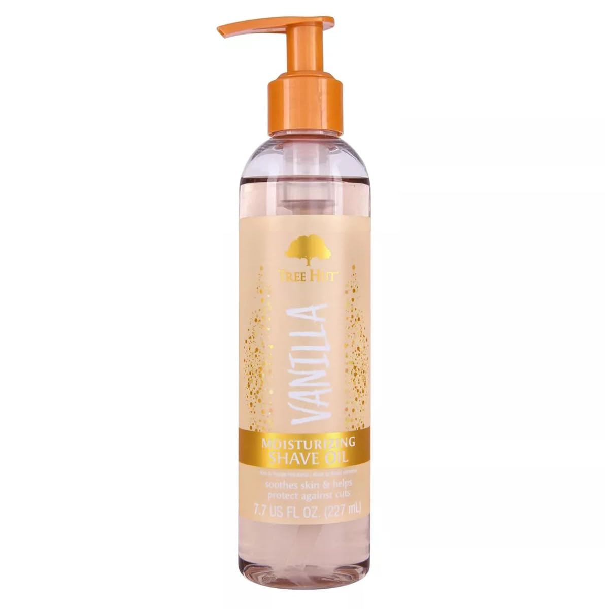 Vanilla moisturizing shave oil bottle with pump on a white background
