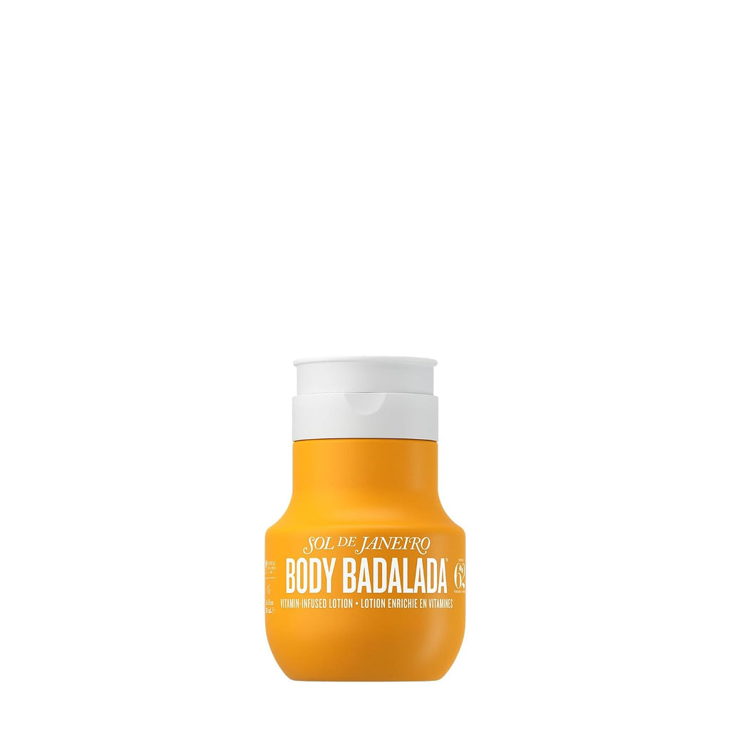 A small orange cosmetic bottle with a white flip-top cap, labeled 'Nol de Lanetó Body Badalada' and 'Body Lotion', centered on a plain white background.