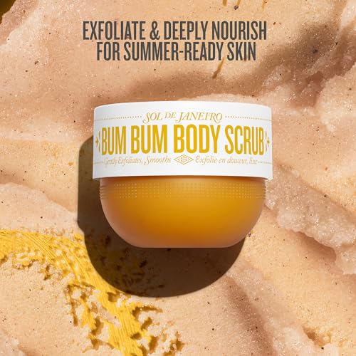 Bum Bum Body Scrub container with text on a textured beige background