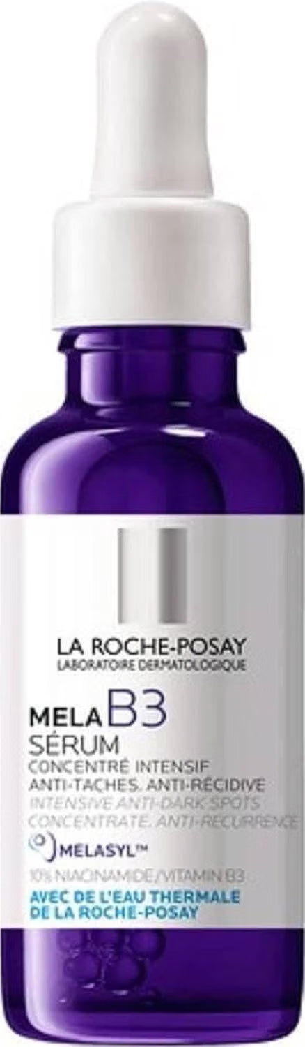 A bottle of La Roche-Posay Melab3 Serum, featuring a deep purple glass bottle and a white dropper cap, with the brand name and product name clearly visible on the front label.