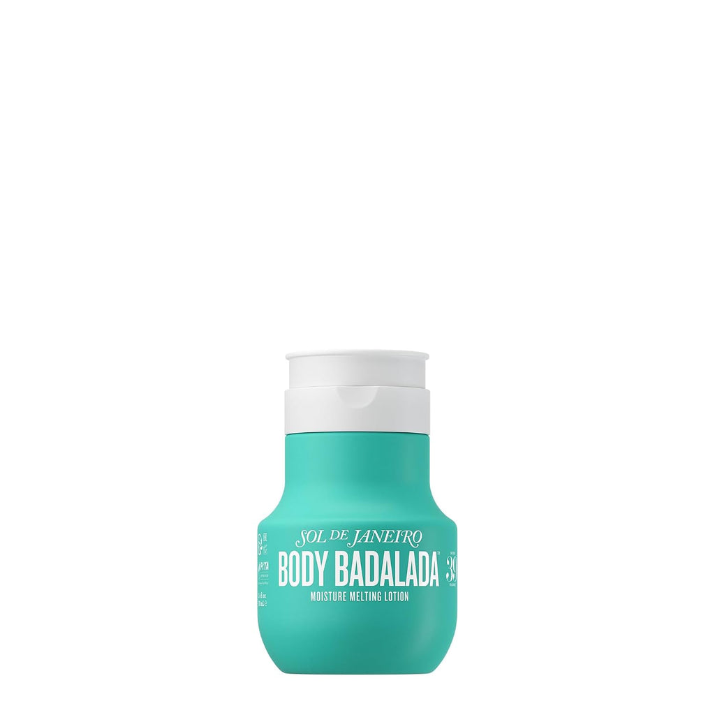 A small teal bottle of Sol de Janeiro Body Badalada moisturizing melting lotion with a white flip-top cap, centered on a plain white background.