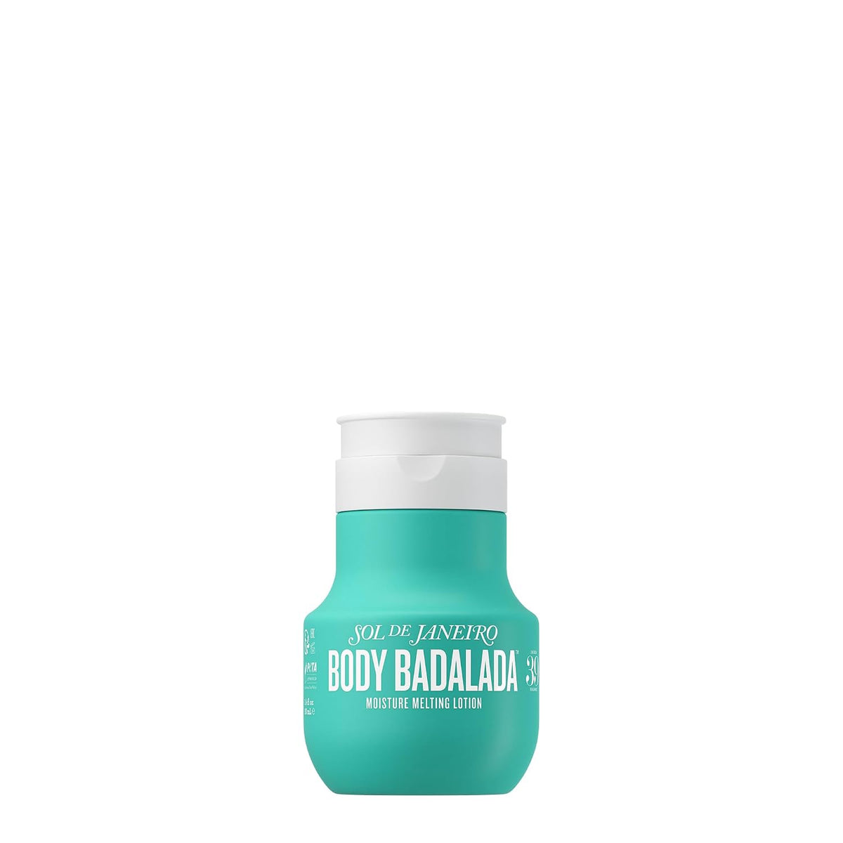A small teal bottle of Sol de Janeiro Body Badalada moisturizing melting lotion with a white flip-top cap, centered on a plain white background.