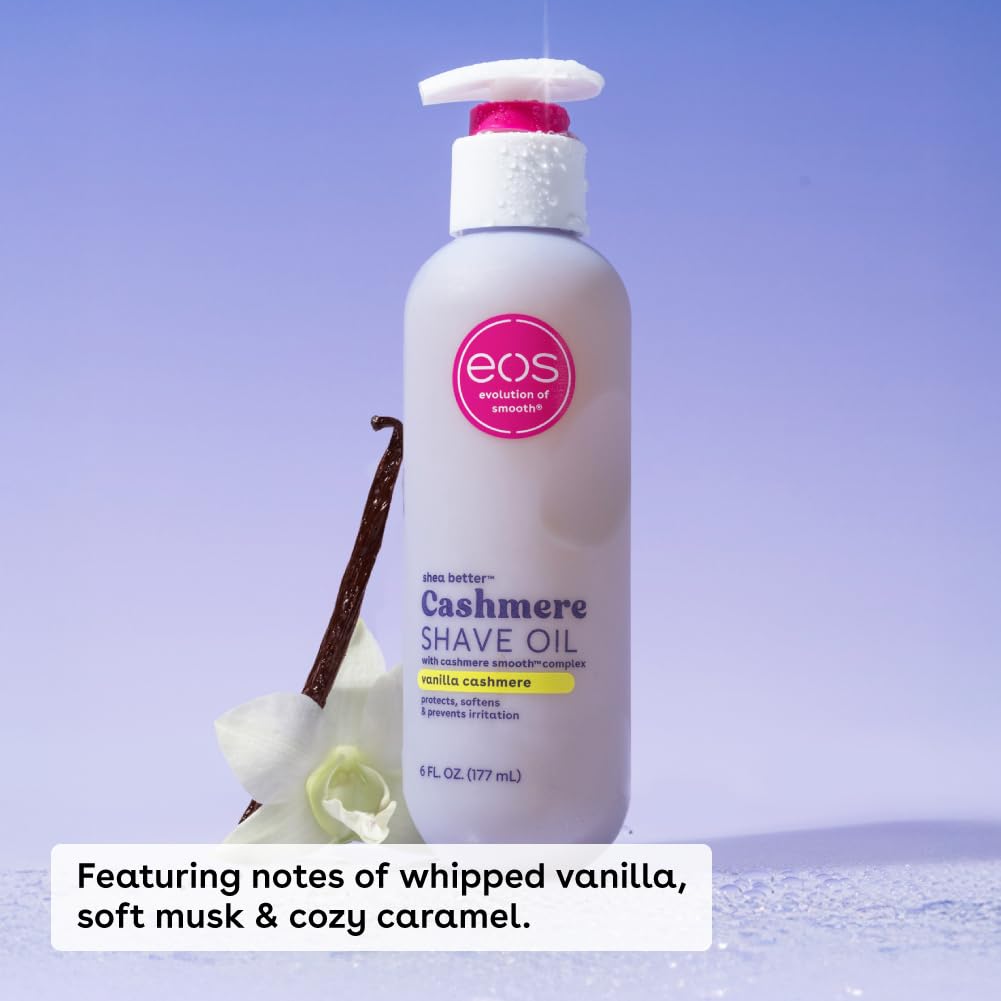 EOS Cashmere Shave Oil bottle with vanilla bean and orchid on a light purple background