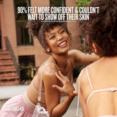 Two women outdoors, one applying sunscreen to the other with text about confidence and skin care.