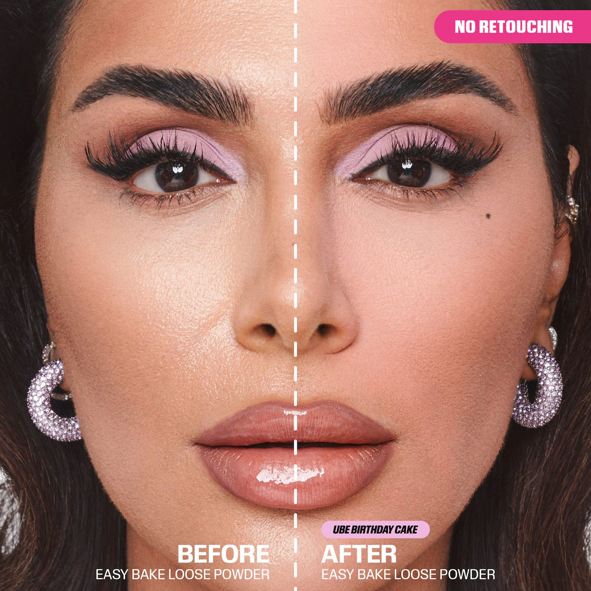 Comparison of loose powder on a woman's face with 'Before' and 'After' labels, showing no retouching.