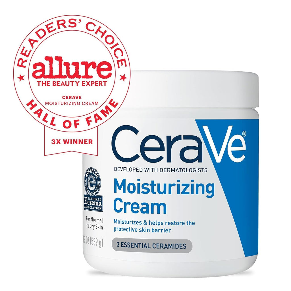 CeraVe moisturizing cream jar with Allure Readers' Choice award on a white background
