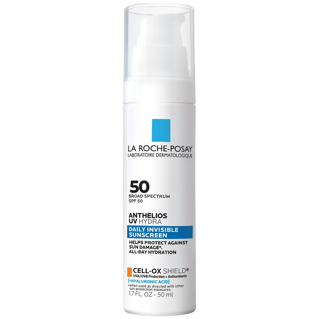 La Roche-Posay Anthelios UV Natura Daily Invisible Sunscreen SPF 50 in a white pump bottle with blue and orange accents on a white background.