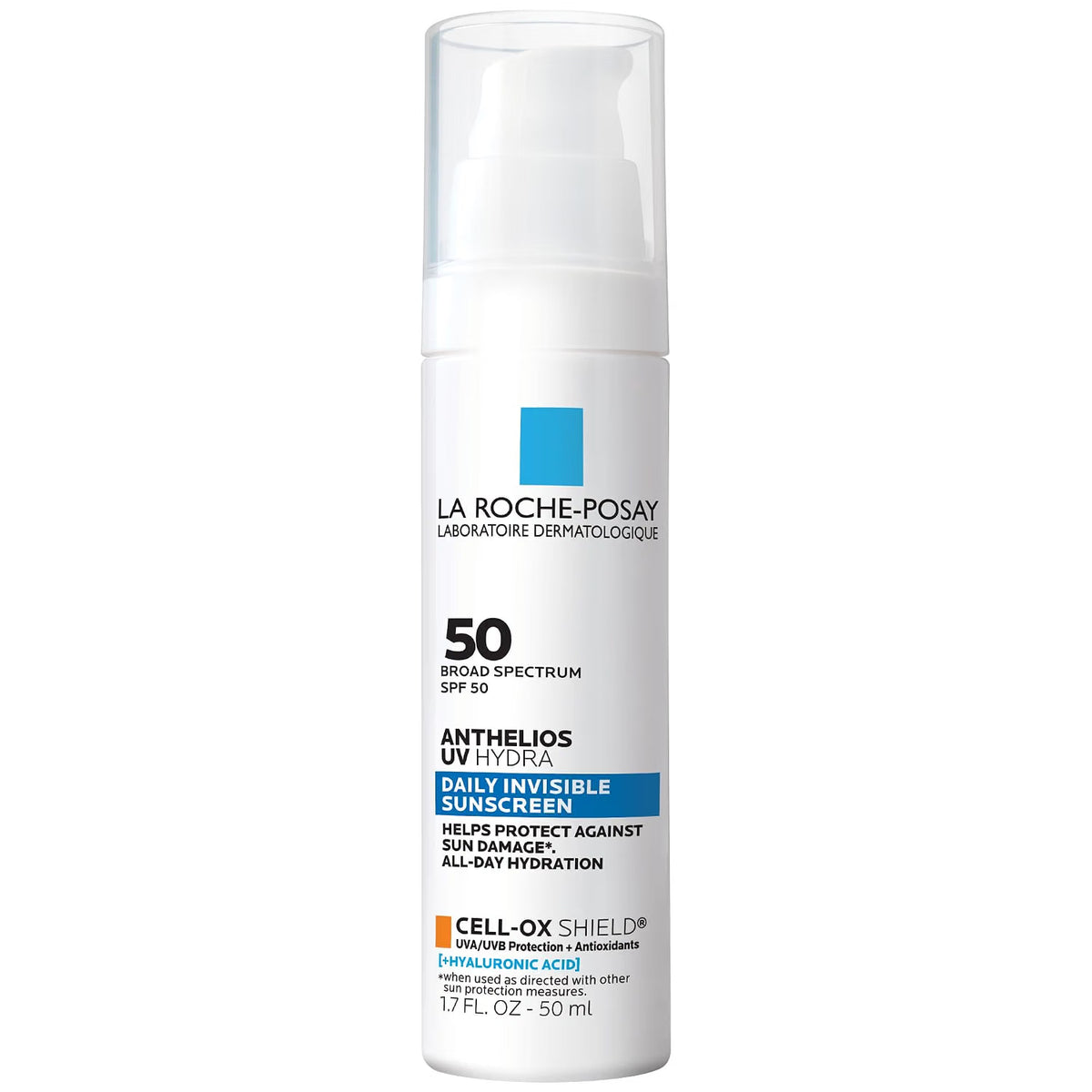 La Roche-Posay Anthelios UV Natura Daily Invisible Sunscreen SPF 50 in a white pump bottle with blue and orange accents on a white background.
