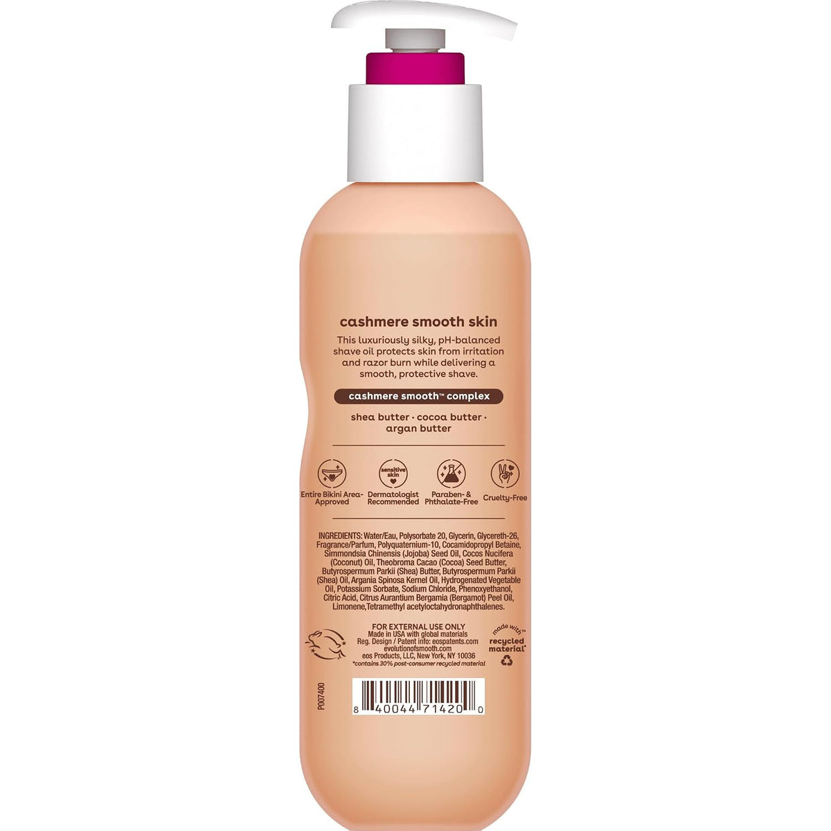 Back view of a peach-colored pump bottle of cashmere smooth skin cream with a white pump and magenta top, on a white background.