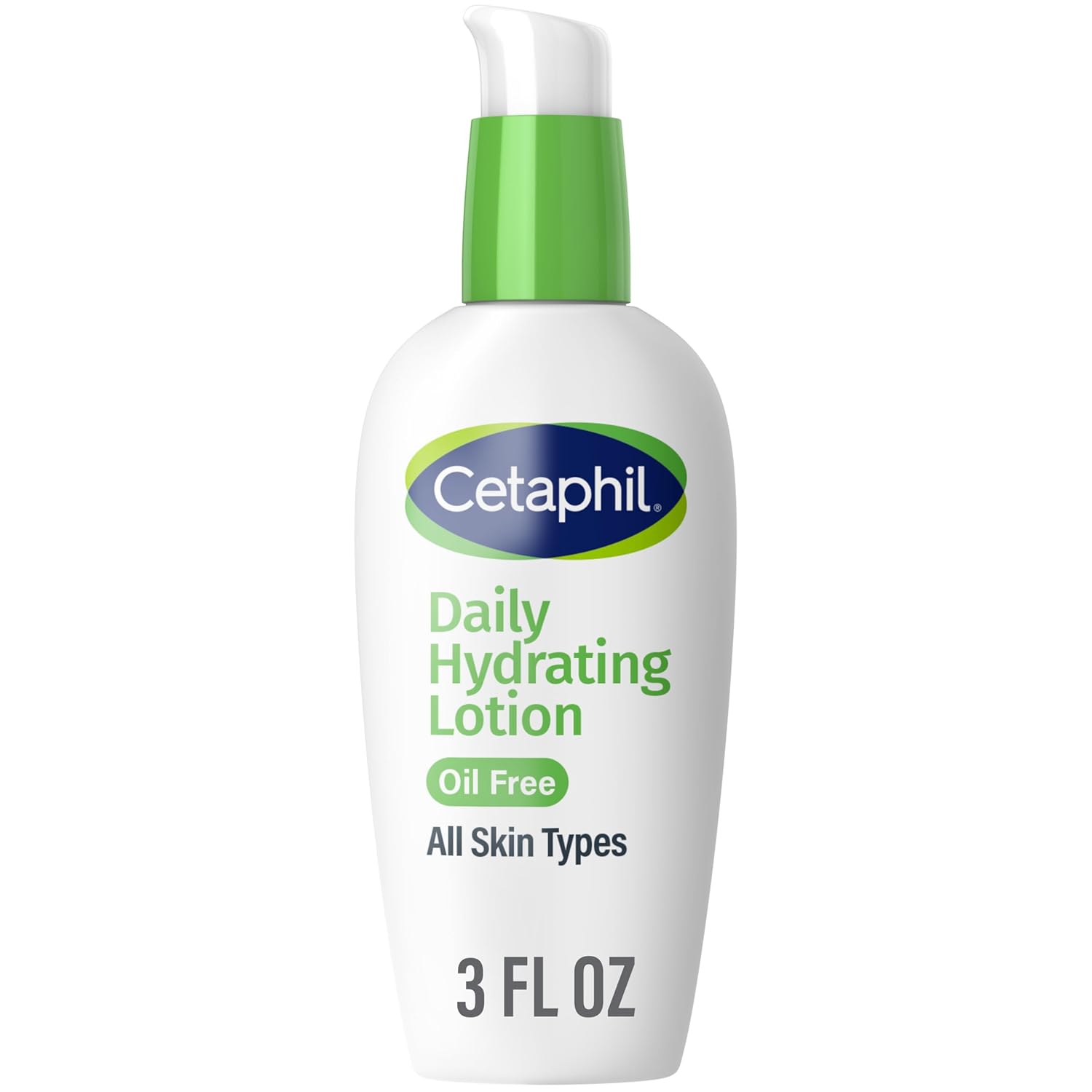 A 3 fl oz bottle of Cetaphil Daily Hydrating Lotion on a plain white background. The bottle is white with a green pump dispenser, featuring the Cetaphil logo in blue and green, and text indicating it is oil free and for all skin types.