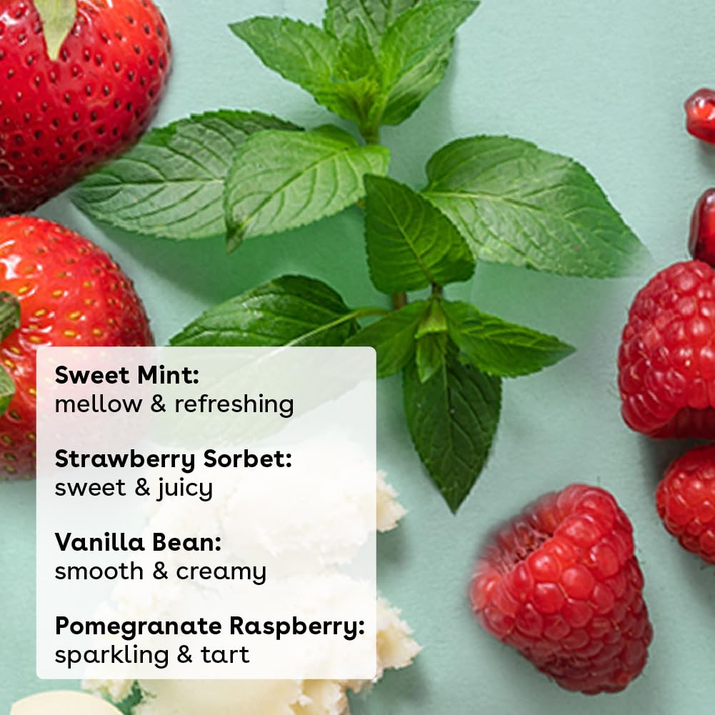 Fruits and mint leaves with flavor descriptions on a light green background