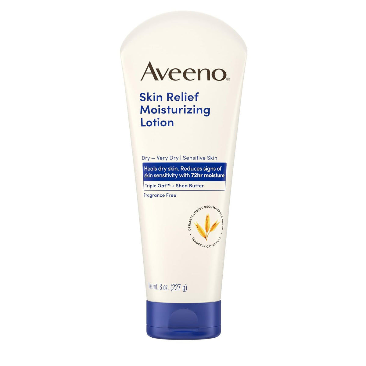 Aveeno Skin Relief Moisturizing Lotion in a 6 oz white squeeze tube with a blue cap, shown on a plain white background.