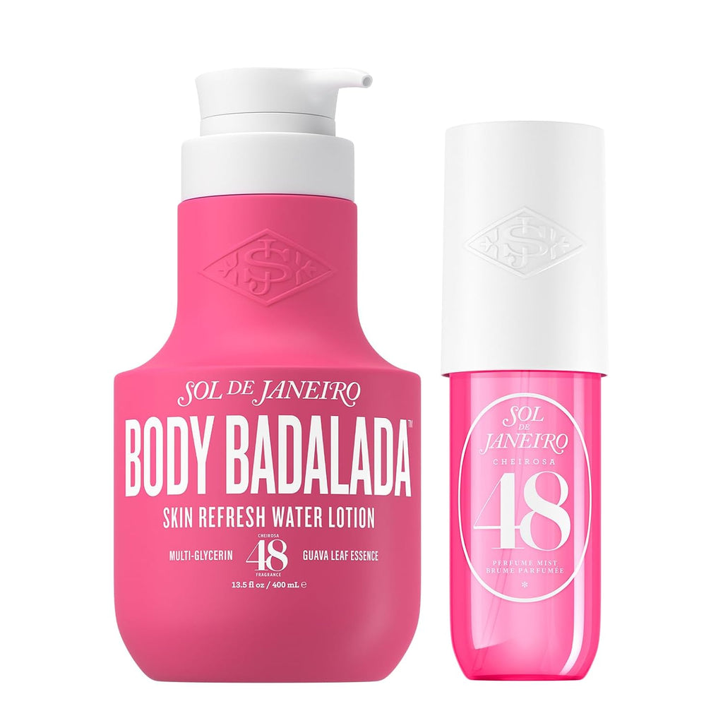 Pink body lotion bottle with pump and smaller container on a white background
