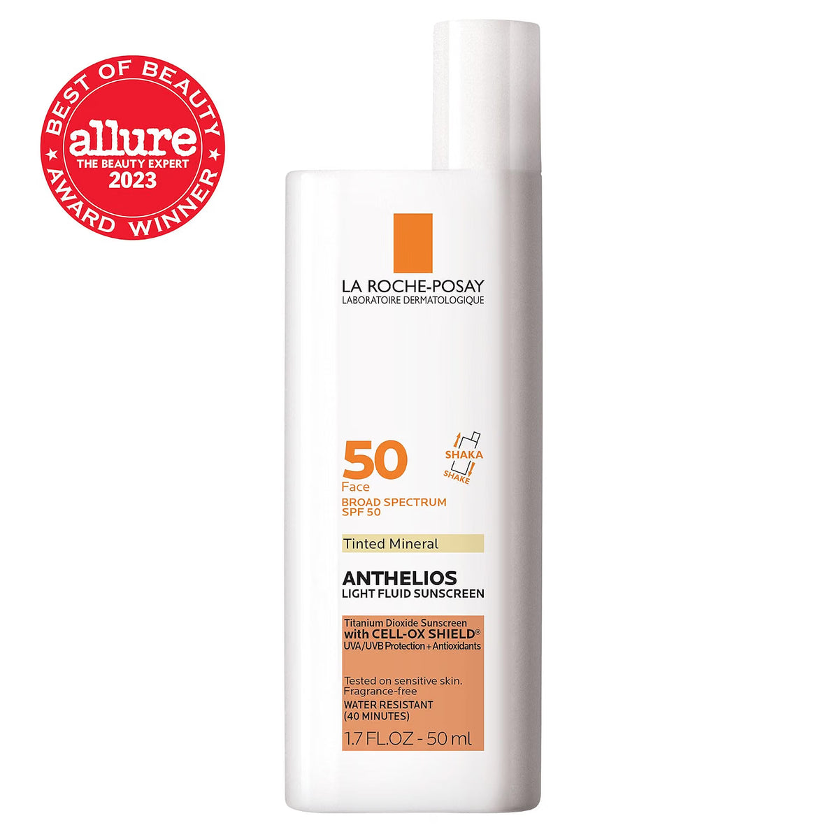 La Roche-Posay sunscreen bottle with Allure award badge on a white background