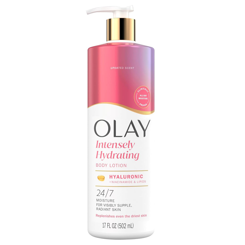Olay Intensely Hydrating body lotion bottle on a white background