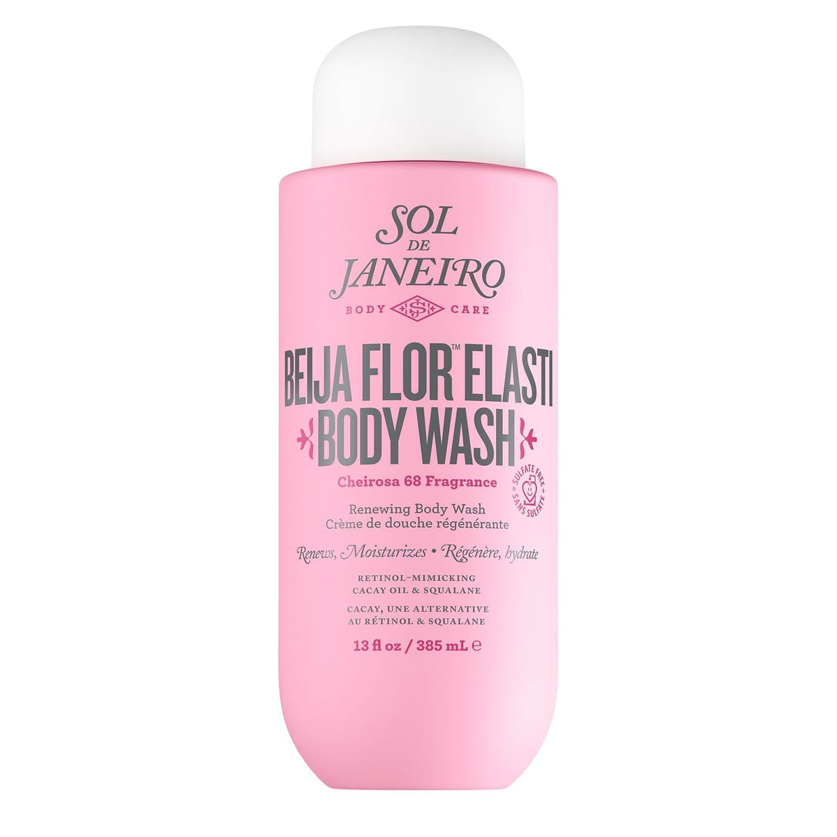 A pink refill pouch of Sol de Janeiro Beija Flor Elasti Body Wash with a white cap, shown on a clean white background.