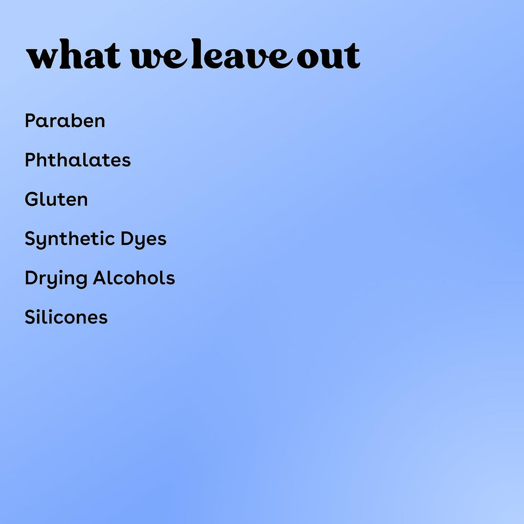 A blue gradient background with black text reading 'what we leave out' followed by a list: Paraben, Phthalates, Gluten, Synthetic Dyes, Drying Alcohols, and Silicons.
