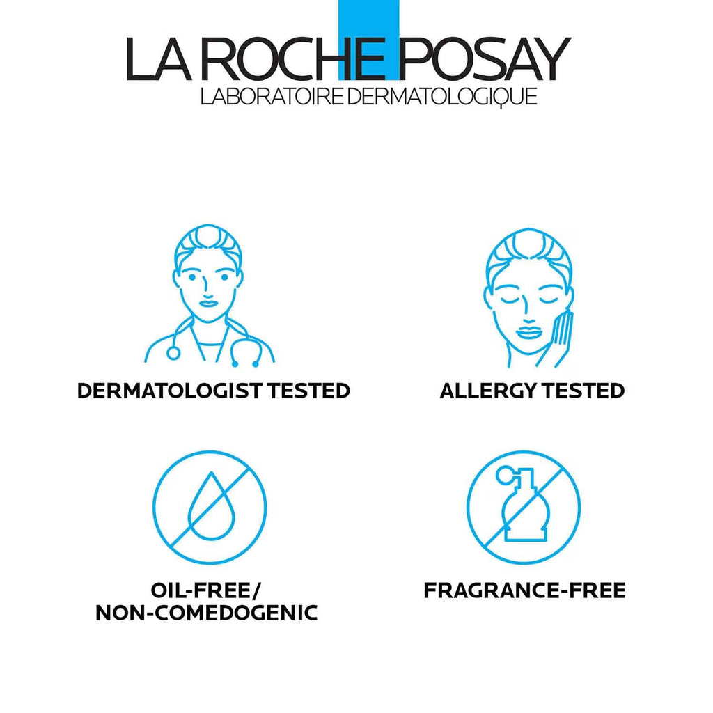La Roche-Posay branding with icons indicating dermatologist tested, allergy tested, oil-free/non-comedogenic, and fragrance-free.