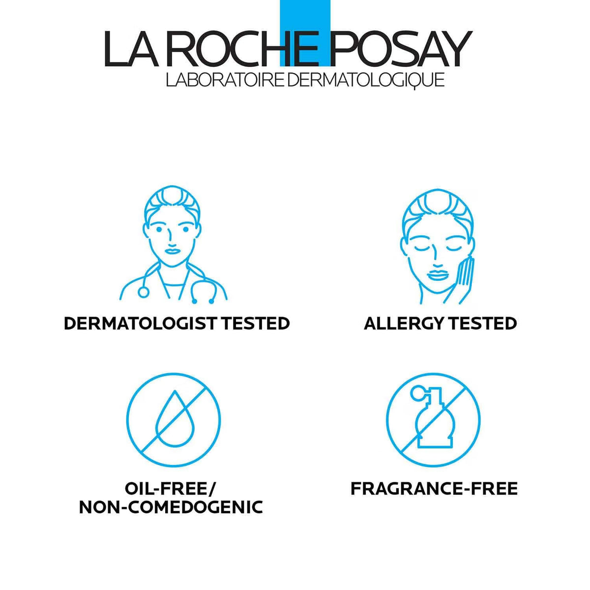 La Roche-Posay branding with icons indicating dermatologist tested, allergy tested, oil-free/non-comedogenic, and fragrance-free.