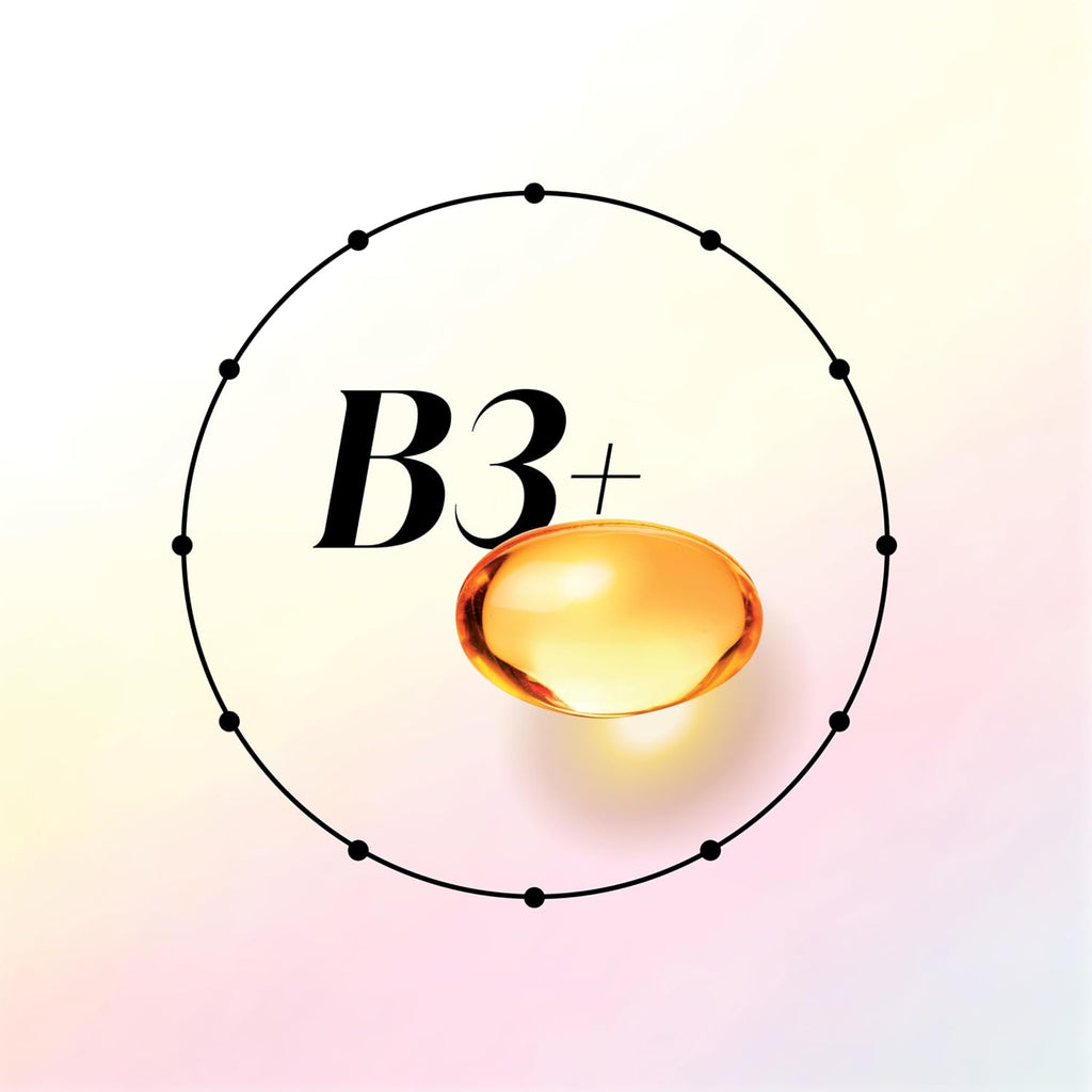 Vitamin B3 supplement capsule with 'B3+' label on a gradient background