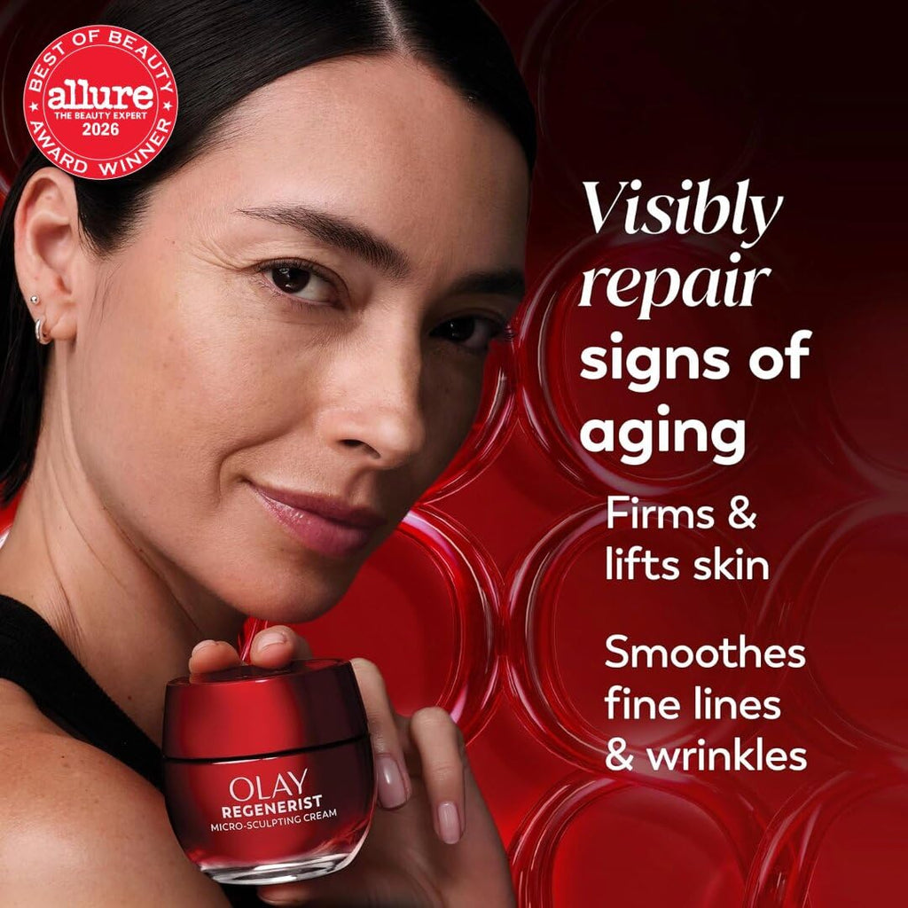 A woman holds an Olay Regencist Night Repair Cream jar against a dark red background with glossy red circular textures. White text on the right reads 'Visibly repair signs of aging' and 'Firms & lifts skin' and 'Smooths fine lines & wrinkles.