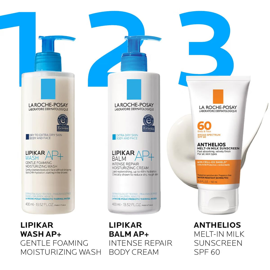 Three La Roche-Posay skincare products with labels and branding.