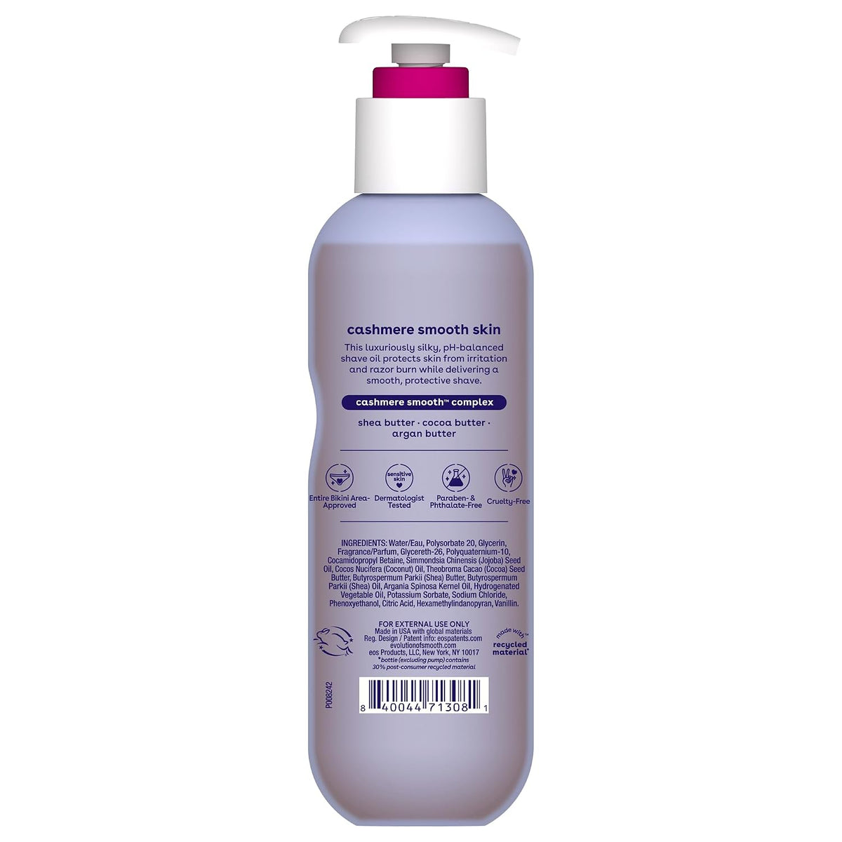 Back view of a cashmere smooth skin hair conditioner bottle with a white pump and a magenta cap, on a white background.