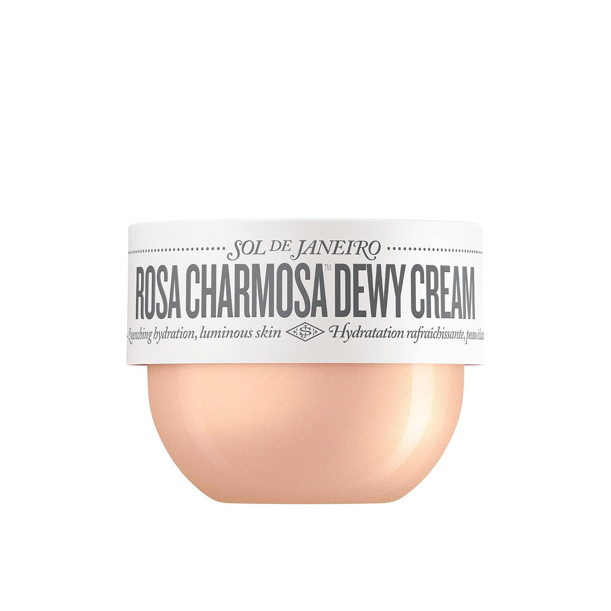 Jar of Rosa Charmosa Dewy Cream with white label on a white background